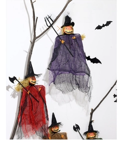 Close-up of Halloween pumpkin ghost hanging decor with wizard hat and mesh robes