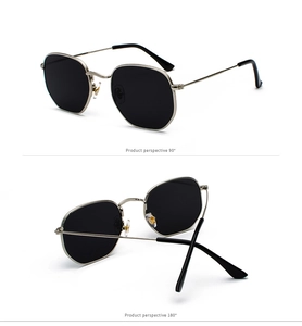 Vistas detalladas de gafas de sol de metal plateado irregular con lentes oscuras a 90 y 180 grados