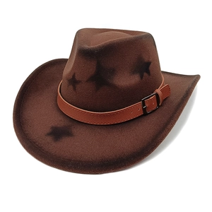 Cappello Da Cowboy Occidentale Stampa Stella Feltro Tesa Larga Cintura In Pelle Fibbia In Metallo Stile Retrò Per Uomini Donne