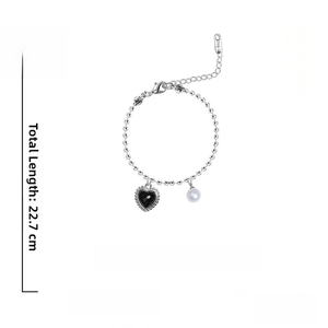 Silver bead chain bracelet with black heart charm and pearl detail specifications