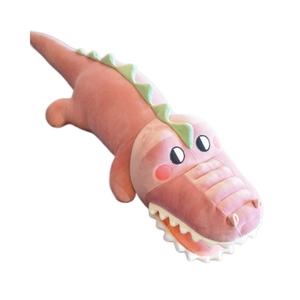 Cute pink crocodile plush pillow toy with green plates for children on white background