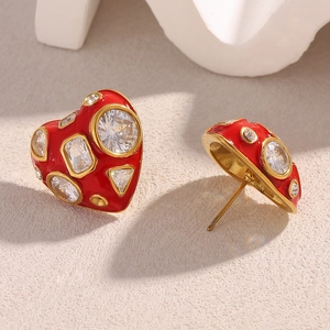 18K gold plated stainless steel heart earrings with red enamel and clear zircon stones