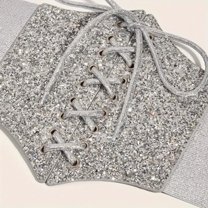 Silver sequin elastic corset belt with front lace-up detailing for dresses