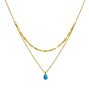 Double layered 18K gold plated stainless steel necklace with blue teardrop opal pendant