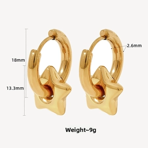 Detailed view of 18mm gold stainless steel hoop earrings with star charms and dimensions