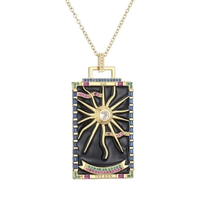 18k gold plated tarot card necklace featuring a square sun pendant with colored gems