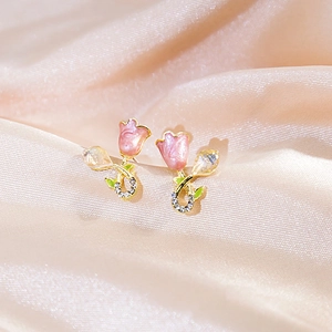 Elegant gold tulip stud earrings with pink enamel flower and white zircon leaf accents