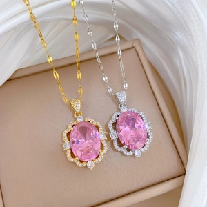 Elegant oval pendant necklace with pink stones and micro-pave crystals in gold and silver