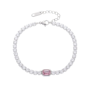 Elegante pulsera tenis de acero inoxidable con circonitas y piedra rectangular rosa