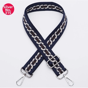 Adjustable woven shoulder strap with navy chain pattern and silver metal hardware
