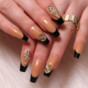 Press On Nails Long Coffin Shape French Black Tips With Rhinestone Dollar Sign Decor Fashion False Nails For Women