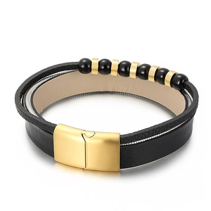 Men's double-layered leather bracelet with gold magnetic clasp and beaded accents