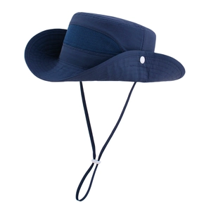 Detail of navy blue sun hat showing breathable mesh panels and adjustable windproof strap