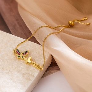 18K gold plated Mom bracelet with colorful zircon butterfly on silk and stone