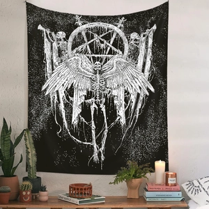 Gothic Angel of Death tapestry featuring a winged skull and pentagram on black fabric
