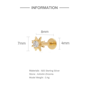 Macro detail of gold S925 sterling silver star stud earring with 7mm height and AAAAA zircon