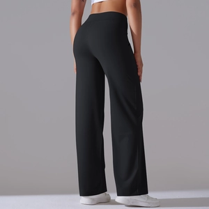 Back view of high-waisted wide-leg yoga pants in black brushed breathable fabric
