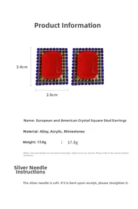 Detail view of square crystal earrings with dimensions 3.4cm by 2.8cm and weight 17.8g