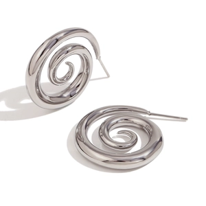 Modern silver spiral swirl stud earrings in polished stainless steel for women