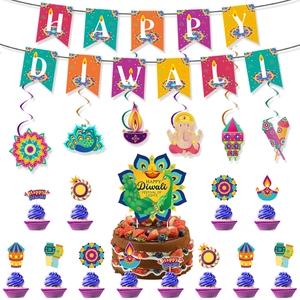 Kit complet de décoration de fête Happy Diwali avec bannières, spirales et cake toppers