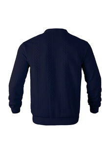 Detail of cable-knit texture and ribbed cuffs on navy blue slim fit cardigan