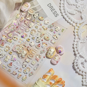 Detail of 3D embossed nail stickers featuring cute cats, desserts and sweet coffee patterns