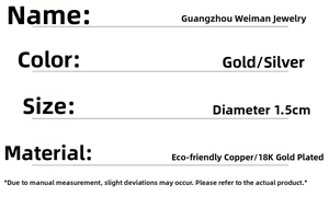 Size specifications for 1.5CM diameter hoop earrings in 18K gold plated copper