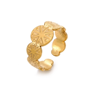 Adjustable golden stainless steel ring featuring starburst patterns and round textures