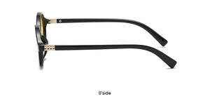 Side view of retro oval sunglasses with black frames and vibrant yellow lenses