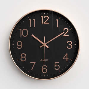 Modern 30cm black wall clock with rose gold numerals and quiet quartz movement