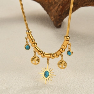 Böhmische 18K Vergoldet Edelstahl Anhänger Halskette Armband Set Für Damen Naturstein Lebensbaum Sonnenstern Schmuck