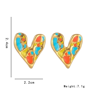 Detail view of colorful heart stud earrings with dimensions 2.4cm by 2.2cm and weight 7.1g