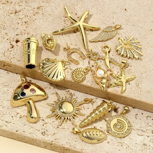 Golden sun and mushroom pendants with zircon and pearls for DIY jewelry making