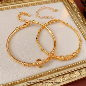 Bamboo Bracelet 18K Gold Plated Copper Cubic Zirconia Quilted Ball Vintage Luxury Fashion Jewelry For Women