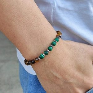 Malachite and tiger eye natural stone beaded bracelet set with stainless steel spacers