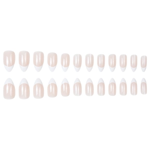 Elegant almond-shaped French tip press-on nails in nude and white with glossy finish