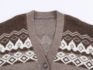 Detailed view of the V-neck and geometric jacquard pattern on the brown knit cardigan