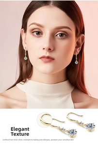 Detail of S925 sterling silver long drop earrings with moissanite and gold plating