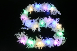 Detail of white feather boa with colorful LED lights in S-shape on dark background