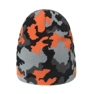 Winter knitted camo beanie hat in orange and grey camouflage for outdoor warmth