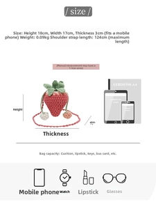 Size chart for strawberry knit bucket bag showing dimensions 18x17x3cm and capacity