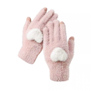 Pink fleece knit touchscreen gloves with white heart pattern and ribbed wrists for winter