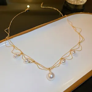 Elegant multi-layer gold plated chain necklace featuring five white pearl pendants for women