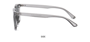 Detailed side view of translucent grey square frame glasses with metal hinge and model specs