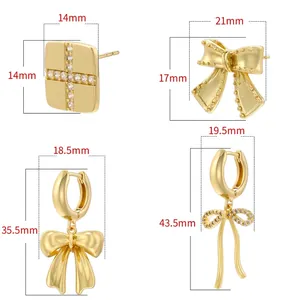 Gold-plated bow earrings set with dimensions showing height and width in millimeters