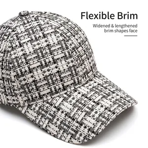 Classic black and white tweed baseball cap with foldable wide brim for unisex fashion