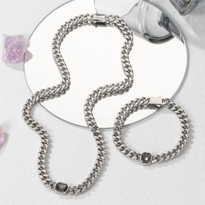 Cuban chain jewelry set in stainless steel with rectangle black stone accents