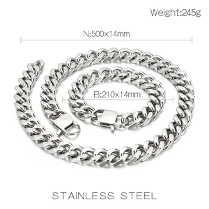 Dettagli tecnici per set collana e bracciale Cuban Link da 14mm in acciaio inox argento