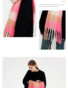 Detail view of winter plaid scarf with fringe in pink, brown and beige colors
