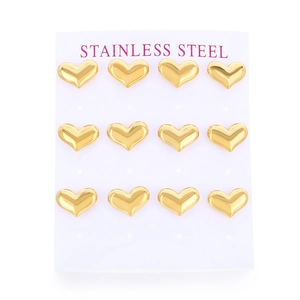 Lot de 6 paires de puces d'oreilles cœur en acier inoxydable plaqué or 18 carats